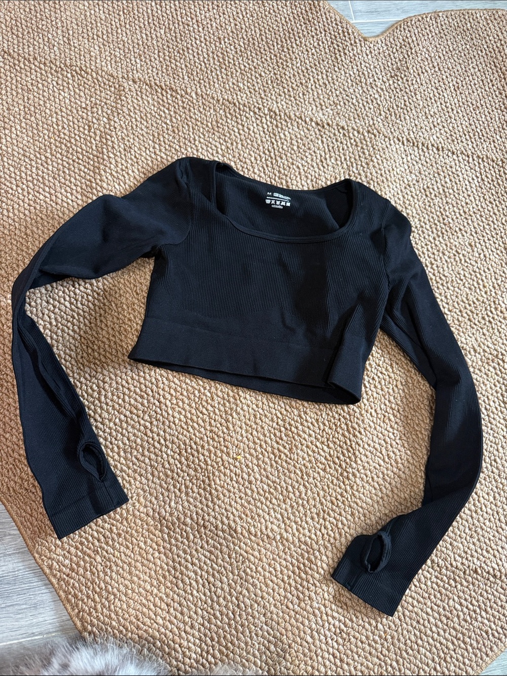 Black Ribbed Long-Sleeve Crop Top with Scoop Neck